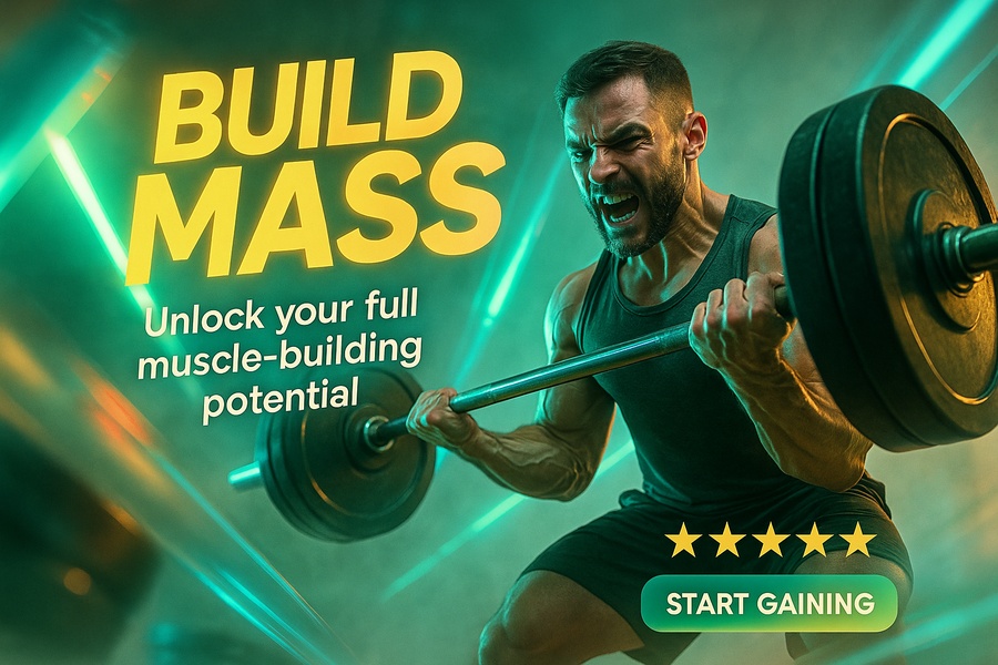 A high-intensity, dark-gym themed ad for a muscle supplement featuring a bodybuilder lifting heavy weights.